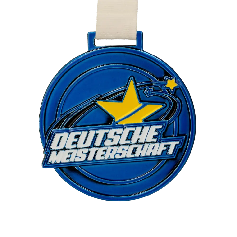 Blue Deutsche Meisterschaft medal with white ribbon