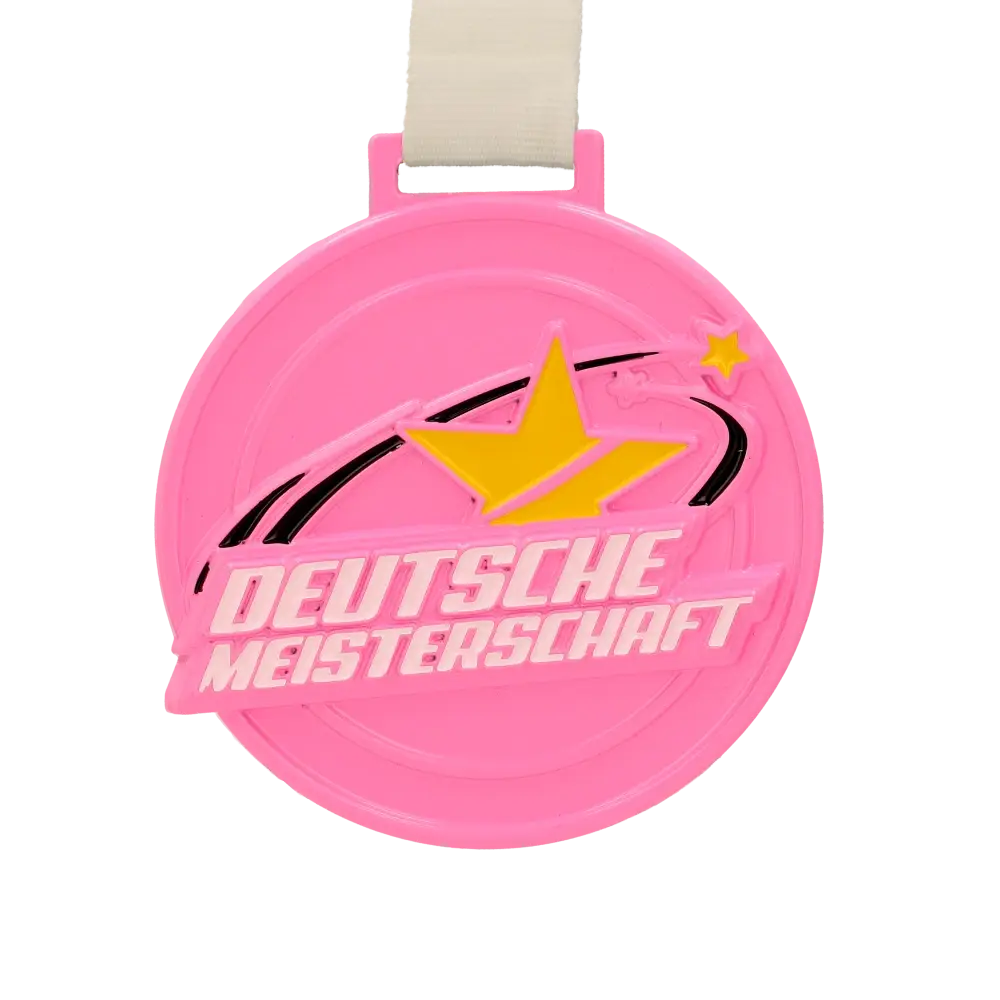 Pink Deutsche Meisterschaft medal with white ribbon