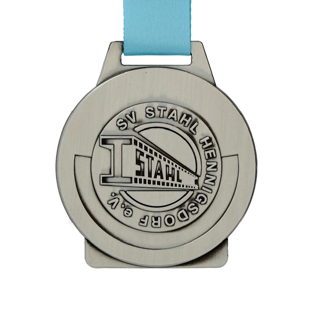 silver medal with blue ribbon