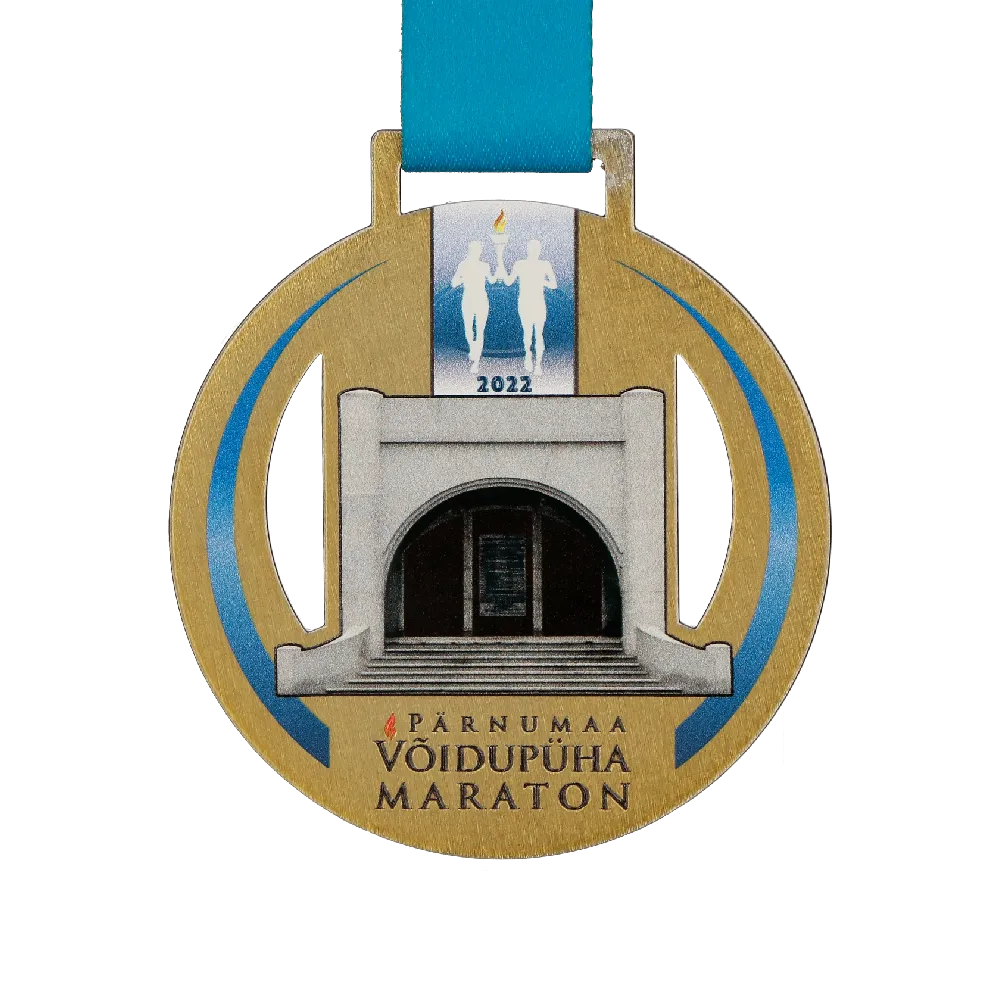 Gold- Blue Round Medal with a Running Theme