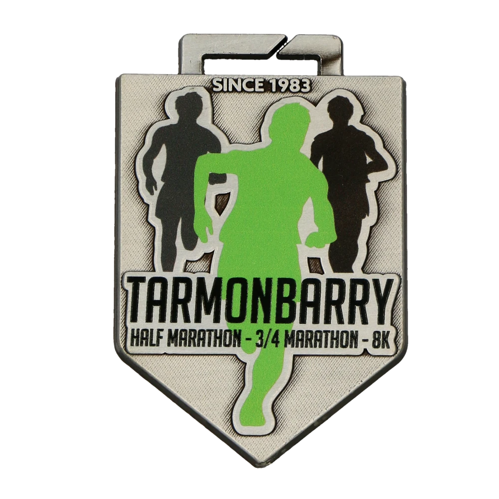Metal Medal with Black and Green Print of Runners