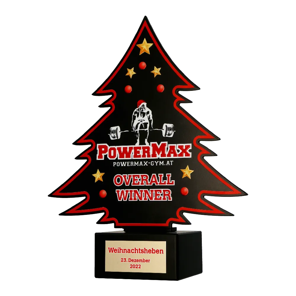 Christmas Tree Shaped Statuette in Black and Red and Printed with a Strength Sports Theme