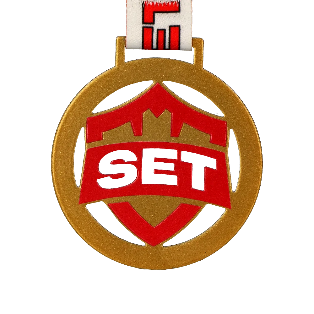 Gold Round Medal with Cutouts in the Center with Red Print