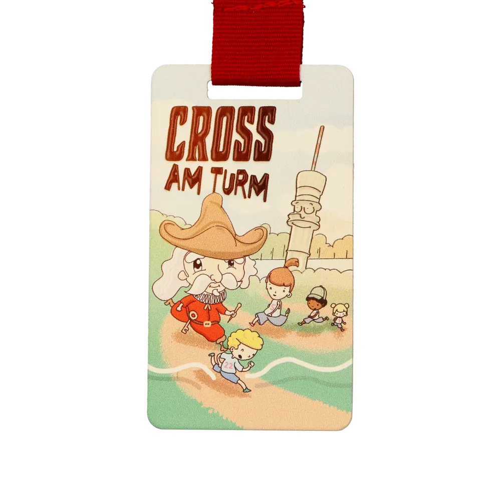 A colorful rectangular-shaped medal for children