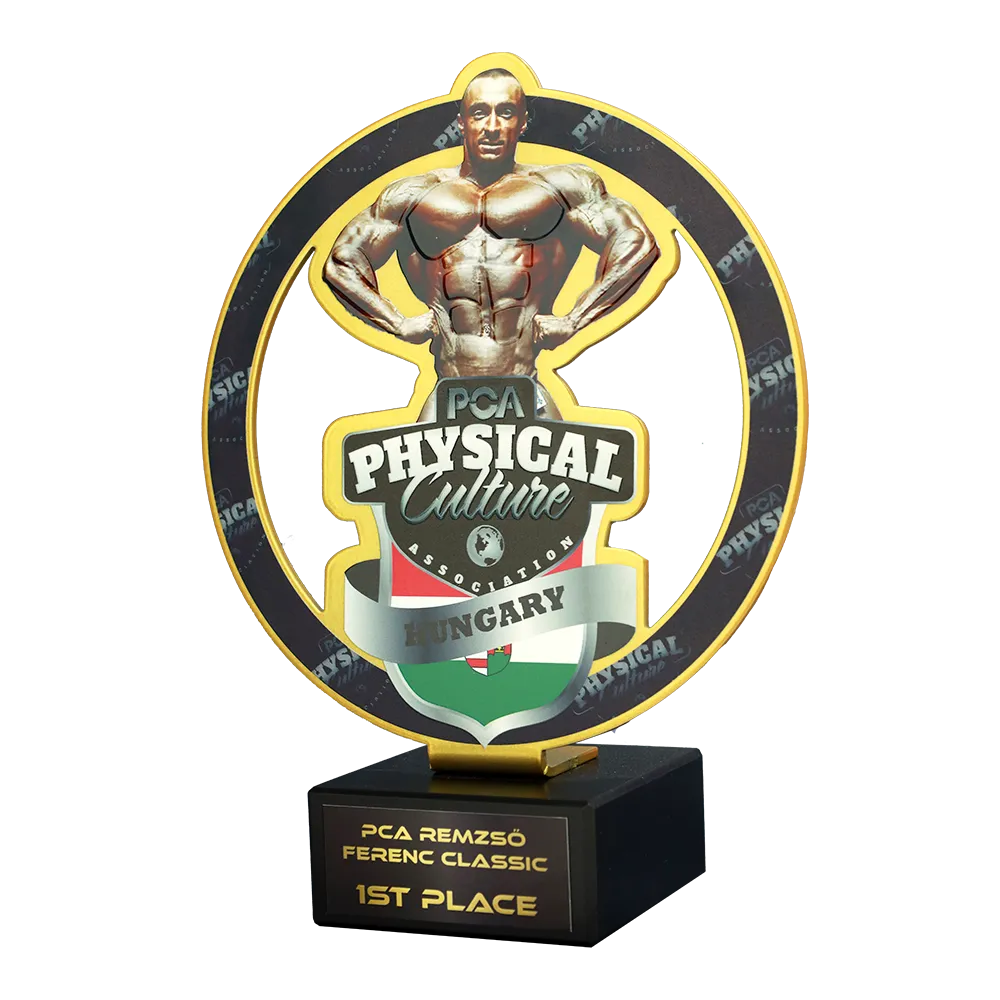 Bodybuilding trophy with a printed image of a bodybuilder on a black marble base