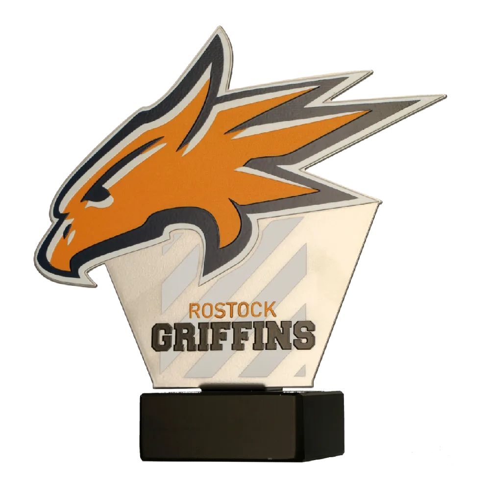 American football trophy with a printed orange eagle
