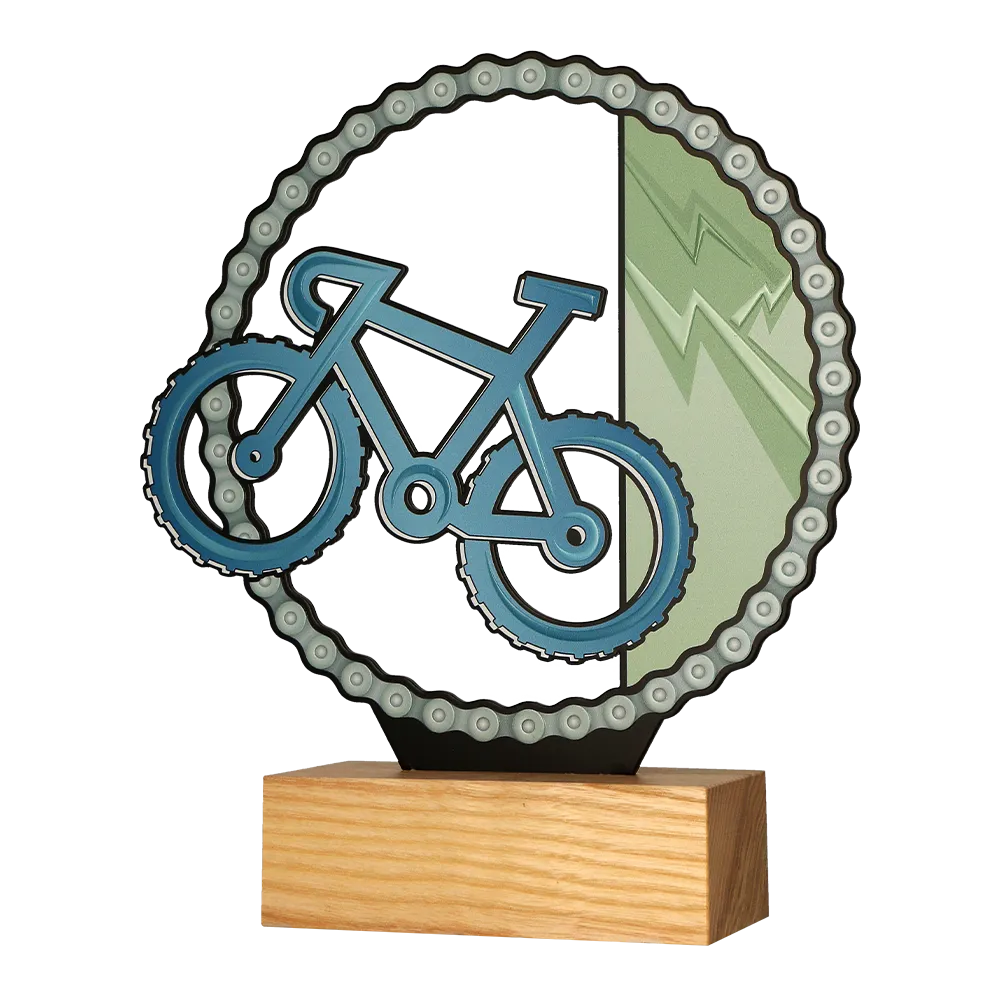 Metal trophy in the shape of a bicycle and bicycle chain on a wooden base